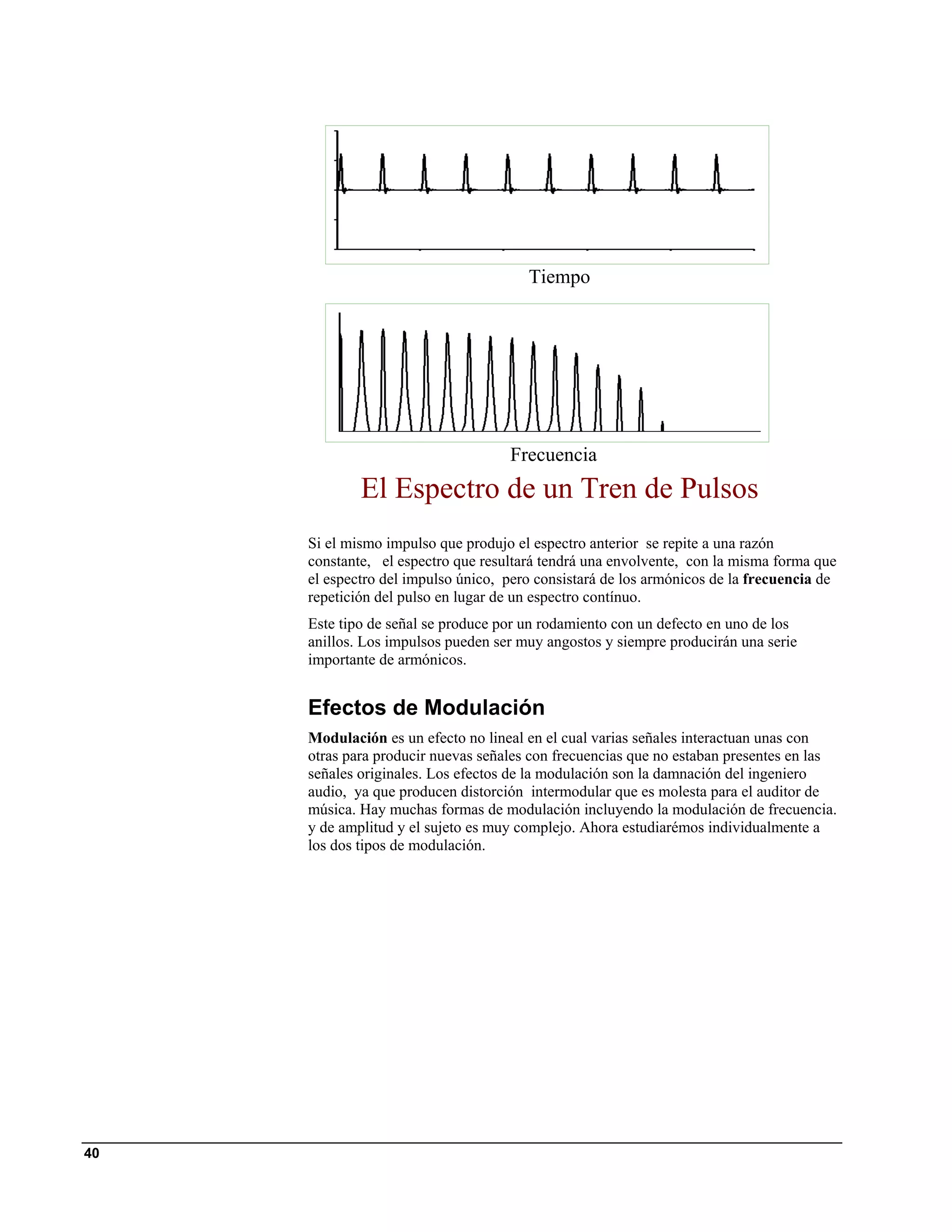 Tiempo




                                    Frecuencia
             El Espectro de un Tren de Pulsos
     Si el mismo impulso que produjo el espectro anterior se repite a una razón
     constante, el espectro que resultará tendrá una envolvente, con la misma forma que
     el espectro del impulso único, pero consistará de los armónicos de la frecuencia de
     repetición del pulso en lugar de un espectro contínuo.
     Este tipo de señal se produce por un rodamiento con un defecto en uno de los
     anillos. Los impulsos pueden ser muy angostos y siempre producirán una serie
     importante de armónicos.


     Efectos de Modulación
     Modulación es un efecto no lineal en el cual varias señales interactuan unas con
     otras para producir nuevas señales con frecuencias que no estaban presentes en las
     señales originales. Los efectos de la modulación son la damnación del ingeniero
     audio, ya que producen distorción intermodular que es molesta para el auditor de
     música. Hay muchas formas de modulación incluyendo la modulación de frecuencia.
     y de amplitud y el sujeto es muy complejo. Ahora estudiarémos individualmente a
     los dos tipos de modulación.




40
 