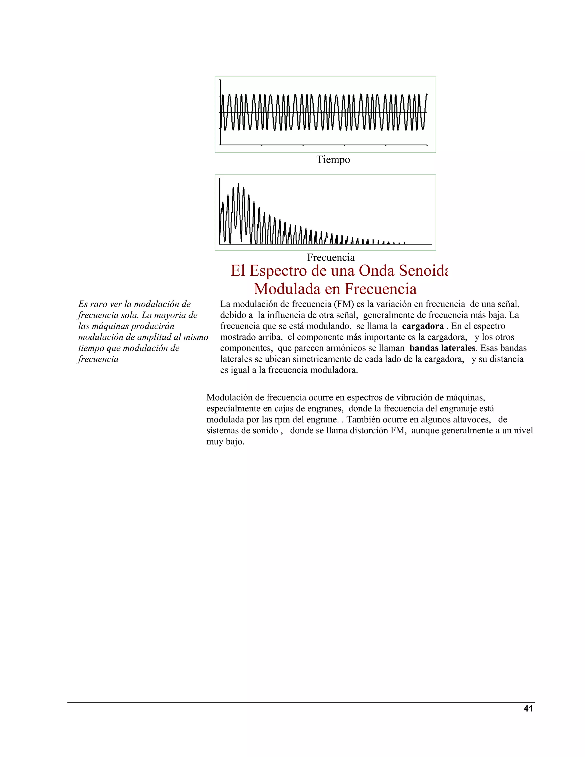 Tiempo




                                                        Frecuencia
                                    El Espectro de una Onda Senoida
                                       Modulada en Frecuencia
Es raro ver la modulación de      La modulación de frecuencia (FM) es la variación en frecuencia de una señal,
frecuencia sola. La mayoria de    debido a la influencia de otra señal, generalmente de frecuencia más baja. La
las máquinas producirán           frecuencia que se está modulando, se llama la cargadora . En el espectro
modulación de amplitud al mismo   mostrado arriba, el componente más importante es la cargadora, y los otros
tiempo que modulación de          componentes, que parecen armónicos se llaman bandas laterales. Esas bandas
frecuencia                        laterales se ubican simetricamente de cada lado de la cargadora, y su distancia
                                  es igual a la frecuencia moduladora.

                              Modulación de frecuencia ocurre en espectros de vibración de máquinas,
                              especialmente en cajas de engranes, donde la frecuencia del engranaje está
                              modulada por las rpm del engrane. . También ocurre en algunos altavoces, de
                              sistemas de sonido , donde se llama distorción FM, aunque generalmente a un nivel
                              muy bajo.




                                                                                                                41
 