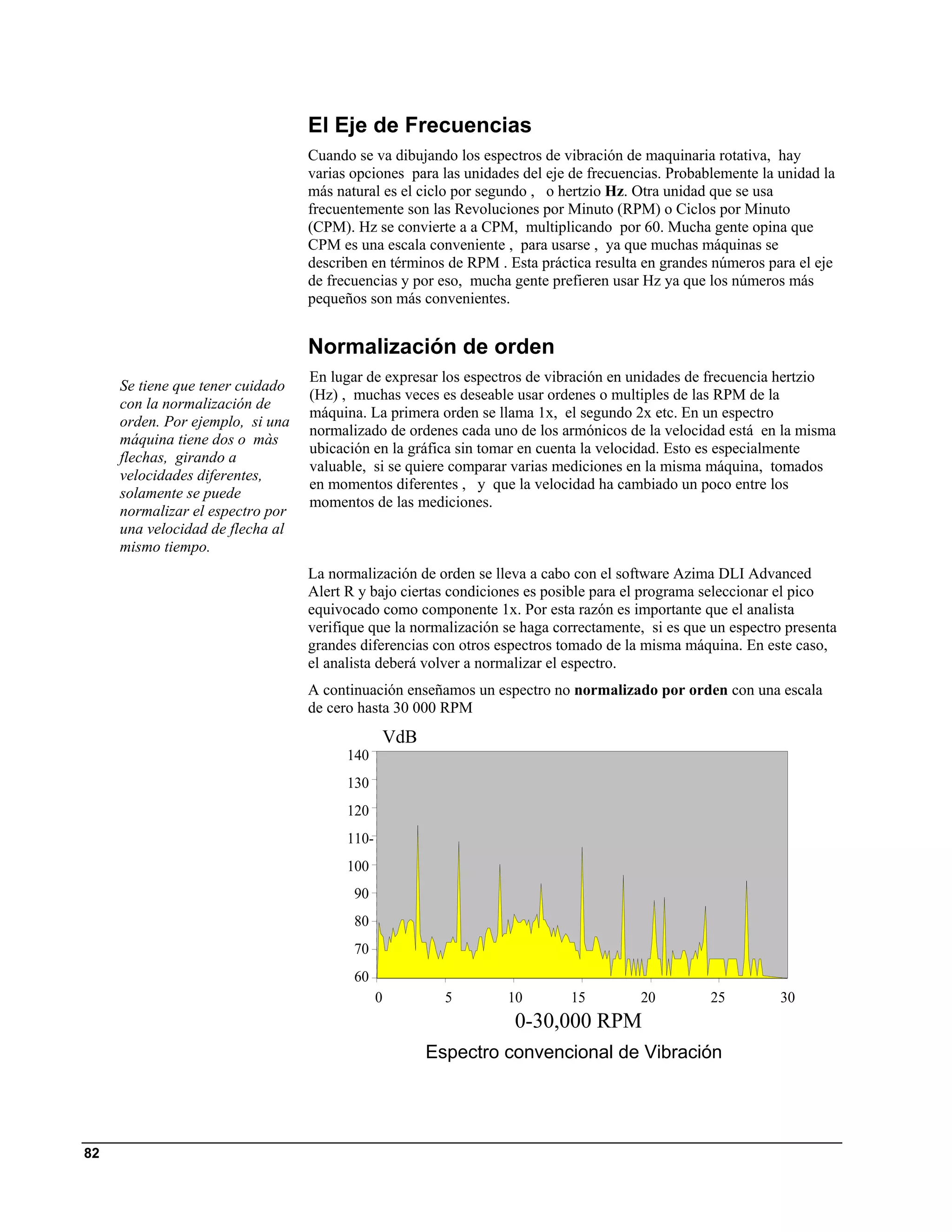 El Eje de Frecuencias
                                  Cuando se va dibujando los espectros de vibración de maquinaria rotativa, hay
                                  varias opciones para las unidades del eje de frecuencias. Probablemente la unidad la
                                  más natural es el ciclo por segundo , o hertzio Hz. Otra unidad que se usa
                                  frecuentemente son las Revoluciones por Minuto (RPM) o Ciclos por Minuto
                                  (CPM). Hz se convierte a a CPM, multiplicando por 60. Mucha gente opina que
                                  CPM es una escala conveniente , para usarse , ya que muchas máquinas se
                                  describen en términos de RPM . Esta práctica resulta en grandes números para el eje
                                  de frecuencias y por eso, mucha gente prefieren usar Hz ya que los números más
                                  pequeños son más convenientes.


                                  Normalización de orden
                                  En lugar de expresar los espectros de vibración en unidades de frecuencia hertzio
     Se tiene que tener cuidado
                                  (Hz) , muchas veces es deseable usar ordenes o multiples de las RPM de la
     con la normalización de
                                  máquina. La primera orden se llama 1x, el segundo 2x etc. En un espectro
     orden. Por ejemplo, si una
                                  normalizado de ordenes cada uno de los armónicos de la velocidad está en la misma
     máquina tiene dos o màs
                                  ubicación en la gráfica sin tomar en cuenta la velocidad. Esto es especialmente
     flechas, girando a
                                  valuable, si se quiere comparar varias mediciones en la misma máquina, tomados
     velocidades diferentes,
                                  en momentos diferentes , y que la velocidad ha cambiado un poco entre los
     solamente se puede
                                  momentos de las mediciones.
     normalizar el espectro por
     una velocidad de flecha al
     mismo tiempo.
                                  La normalización de orden se lleva a cabo con el software Azima DLI Advanced
                                  Alert R y bajo ciertas condiciones es posible para el programa seleccionar el pico
                                  equivocado como componente 1x. Por esta razón es importante que el analista
                                  verifique que la normalización se haga correctamente, si es que un espectro presenta
                                  grandes diferencias con otros espectros tomado de la misma máquina. En este caso,
                                  el analista deberá volver a normalizar el espectro.
                                  A continuación enseñamos un espectro no normalizado por orden con una escala
                                  de cero hasta 30 000 RPM
                                               VdB
                                        140
                                        130
                                        120
                                        110-
                                        100
                                         90
                                         80
                                         70
                                         60
                                               0       5         10        15          20         25         30
                                                                  0-30,000 RPM
                                                     Espectro convencional de Vibración




82
 