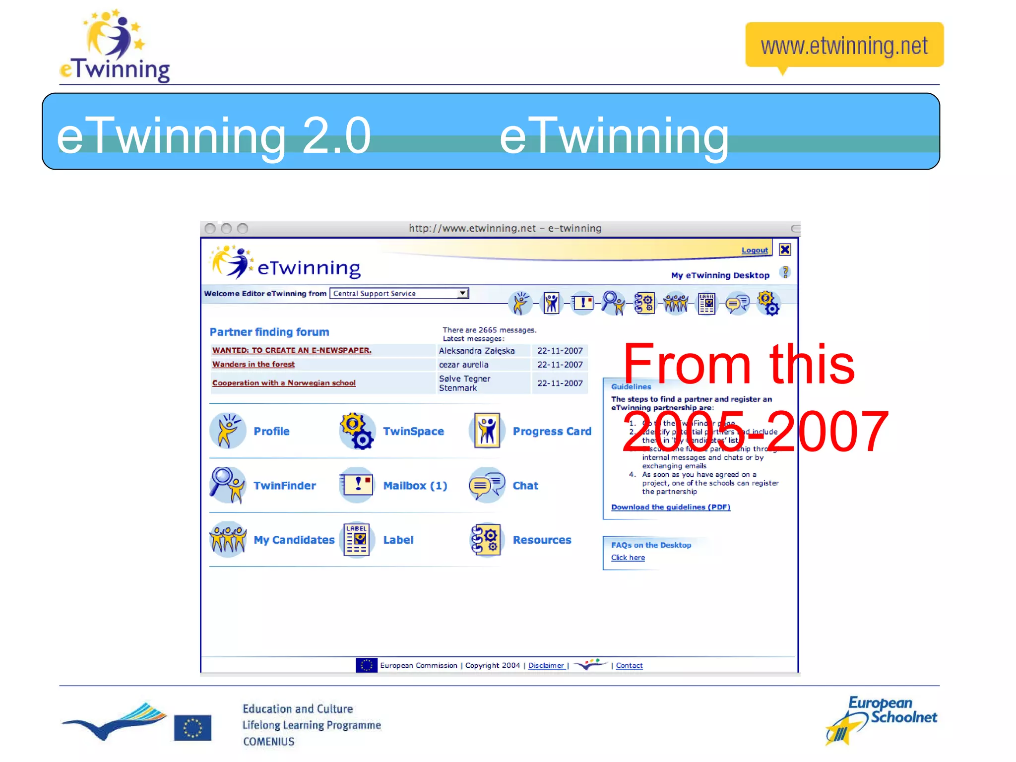 eTwinning 2.0  eTwinning Desktop From this  2005-2007 