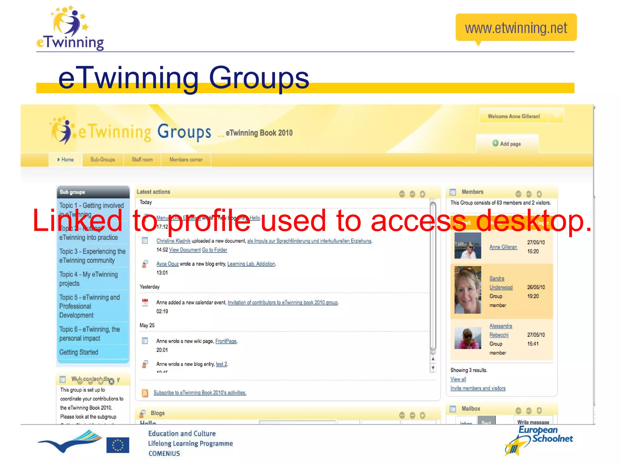 eTwinning Groups Linked to profile used to access desktop. 