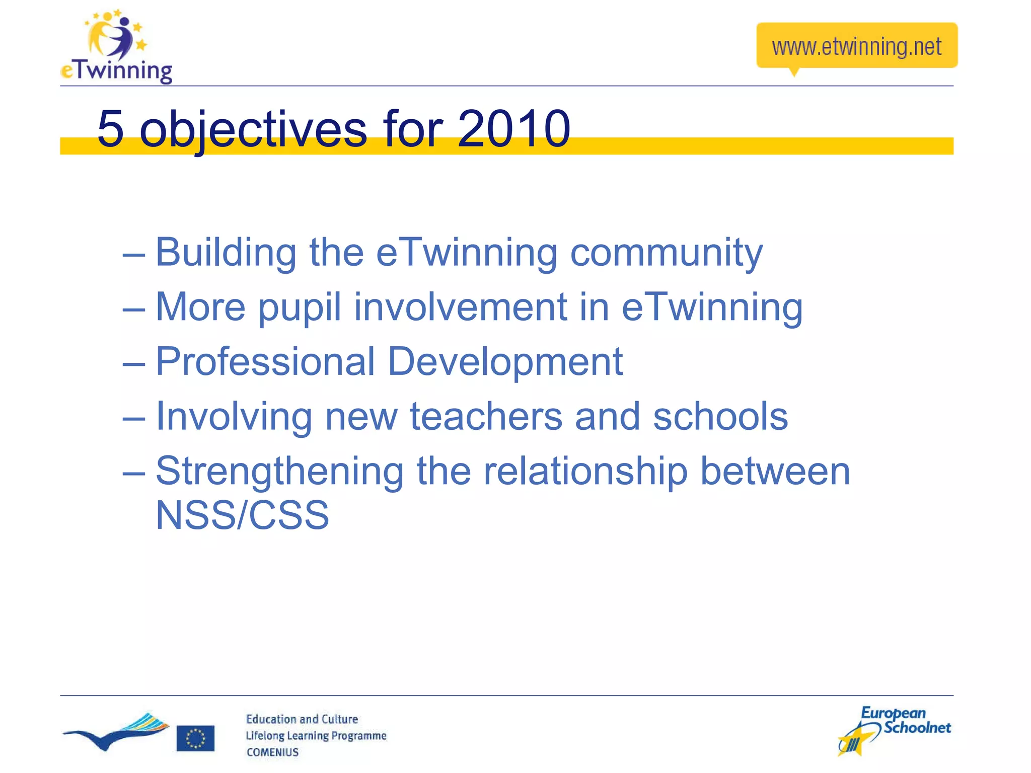 5 objectives for 2010 Building the eTwinning community More pupil involvement in eTwinning Professional Development Involving new teachers and schools Strengthening the relationship between NSS/CSS 