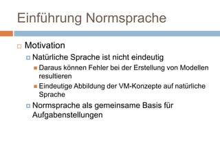 Einführung NormspracheMotivationNatürliche Sprache ist nicht eindeutigDaraus können Fehler bei der Erstellung von Modellen resultierenEindeutige Abbildung der VM-Konzepte auf natürliche SpracheNormsprache als gemeinsame Basis für Aufgabenstellungen
