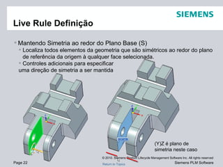 Live Rule Definição Mantendo Simetria ao redor do Plano Base (S) Localiza todos elementos da geometria que são simétricos ao redor do plano de referência da origem à qualquer face selecionada. Controles adicionais para especificar uma direção de simetria a ser mantida (Y)Z é plano de simetria neste caso 