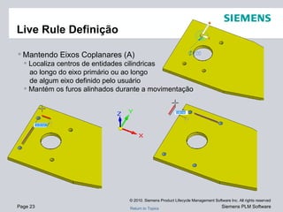 Live Rule Definição Mantendo Eixos Coplanares (A) Localiza centros de entidades cilindricas ao longo do eixo primário ou ao longo de algum eixo definido pelo usuário Mantém os furos alinhados durante a movimentação 