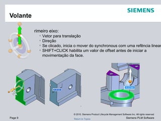 Volante Primeiro eixo: Vetor para translação Direção Se clicado, inicia o mover do synchronous com uma refência linear SHIFT+CLICK habilita um valor de offset antes de iniciar a movimentação da face. 