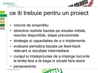 ce iti trebuie pentru un proiect viziune de ansamblu obiective realiste bazate pe situatia initiala, resurse disponibile, etape previzionate strategie si capacitatea de a o implementa evaluare periodica bazata pe feed-back relevant si rezultate intermediare curajul si intelepciunea de a impinge lucrurile la limita fara a te baga in situatii fara iesire perseverenta 