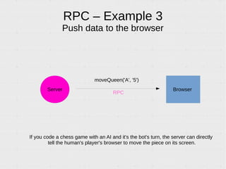 RPC – Example 3
Push data to the browser
If you code a chess game with an AI and it's the bot's turn, the server can directly
tell the human player's browser to move the piece on its screen.
moveQueen('A', '5')
RPC
BrowserServer
 