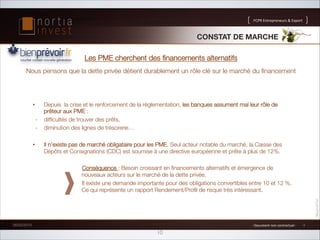 FCPR!Entrepreneurs!!Export

CONSTAT DE MARCHE!
Les PME cherchent des ﬁnancements alternatifs
Nous pensons que la dette privée détient durablement un rôle clé sur le marché du ﬁnancement

Depuis la crise et le renforcement de la réglementation, les banques assument mal leur rôle de
prêteur aux PME :
-  difﬁcultés de trouver des prêts,
-  diminution des lignes de trésorerie…

•  Il n’existe pas de marché obligataire pour les PME. Seul acteur notable du marché, la Caisse des
Dépôts et Consignations (CDC) est soumise à une directive européenne et prête à plus de 12%. 

Conséquence : Besoin croissant en ﬁnancements alternatifs et émergence de
nouveaux acteurs sur le marché de la dette privée.
Il existe une demande importante pour des obligations convertibles entre 10 et 12 %.
Ce qui représente un rapport Rendement/Proﬁl de risque très intéressant.
• 

26/02/2014

1!Document!non!contractuel!1!

10

4

 