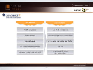 FCPR'Entrepreneurs''Export

RISQUE$

Vos$Besoins
$

Les$Solu/ons
$

Ac;fs'tangibles
'

Les'PME'non'cotées
'

à'rendement
'

via'des'obliga;ons'conver;bles
'

peu$risqué
$

avec$une$garan/e$par/elle$
$

sur'une'durée'raisonnable
'

à'5'ans
'

dans'un'cadre'ﬁscal'a:rac;f
'

et'une'exonéra;on'
'
des'plusAvalues
'

26/02/2014'

15'
A'Document'non'contractuel'A'

21

 