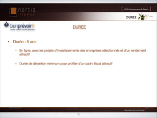 FCPR'Entrepreneurs''Export

DUREE%

DUREE
•  Durée : 5 ans
–  En ligne, avec les projets d’investissements des entreprises sélectionnés et d’un rendement
attractif 
–  Durée de détention minimum pour proﬁter d’un cadre ﬁscal attractif







26/02/2014'

19'
8'Document'non'contractuel'8'

25

 