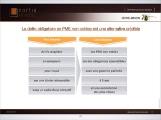 FCPR%Entrepreneurs%%Export

CONCLUSION(

La dette obligataire en PME non cotées est une alternative crédible
Vos(Besoins
(

Les(Solu=ons
(

Ac=fs(tangibles
(

Les(PME(non(cotées
(

à(rendement
(

via(des(obliga=ons(conver=bles
(

peu(risqué
(

avec(une(garan=e(par=elle(
(

sur(une(durée(raisonnable
(

à(5(ans
(

dans(un(cadre(ﬁscal(arac=f
(

et(une(exonéra=on(
(
des(plusCvalues
(

26/02/2014

1%Document%non%contractuel%1%

28

22

 