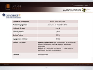 FCPR%Entrepreneurs%%Export

CARACTERISTIQUES*

Mandat*premium*
Période*de*souscrip;on*

Fonds%limité%à%100%M€%

Durée*d’engagement*

Jusqu’au%31%décembre%2019%

Catégorie*de*part*

Part*A*

Frais*de*ges;on*

2,45%%

Droits*d’entrée*

2,5%%%

Engagement*minimal*

20%K€%

Fiscalité*à*la*sor;e*

Op;on*Capitalisa;on*:*pas%d’impôts%sur%les%plusJvalues%
(hors%prélèvements%sociaux)%pour%les%personnes%
physiques.%
Régime%de%l’impôt%des%plusJvalues%LT%(15%)%pour%les%
personnes%morales%soumises%à%l’IS.%

Eligibilité*

CompteJWtres%

26/02/2014

J%Document%non%contractuel%J%

31

25

 