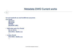 Metadata DWG Current works
© 2018 Open Geospatial Consortium
Several standards are used in different ecosystems
Geo World
ISO 19115
ISO 19139
INSPIRE
Geo-DCAT (JRC)
…
• Open-data and e-Gov World
DCAT (W3C)
ISO 18536 - Dublin core
…
• Archive World
ISO 15836 - Dublin core
…
 