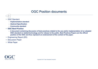 OGC Position documents
• OGC Standard
– Implementation standard
– Abstract Specification
– Community standard
• OGC Best Practice
– A document containing discussion of best practices related to the use and/or implementation of an adopted
OGC standard or related technology and for release to the public. Best Practices Papers are the official
position of the OGC and thus represent an endorsement of the content of the paper.
• Engineering Report (ER)
• Discussion Paper
• White Paper
Copyright © 2017 Open Geospatial Consortium
 