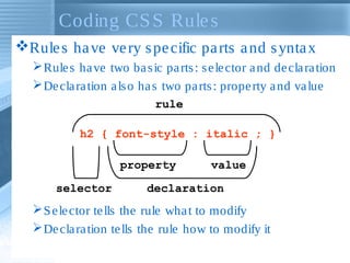 Coding CSS Rules
Rules have very specific parts and syntax
Rules have two basic parts: selector and declaration
Declaration also has two parts: property and value
Selector tells the rule what to modify
Declaration tells the rule how to modify it
h2 { font-style : italic ; }
rule
property value
selector declaration
 