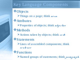 Key Language Components
Objects
Things on a page; think no un
Attributes
Properties of objects; think adje ctive
Methods
Actions taken by objects; think ve rb
Statements
Lines of assembled components; think
se nte nce
Functions
Named groups of statements; think parag raph
 