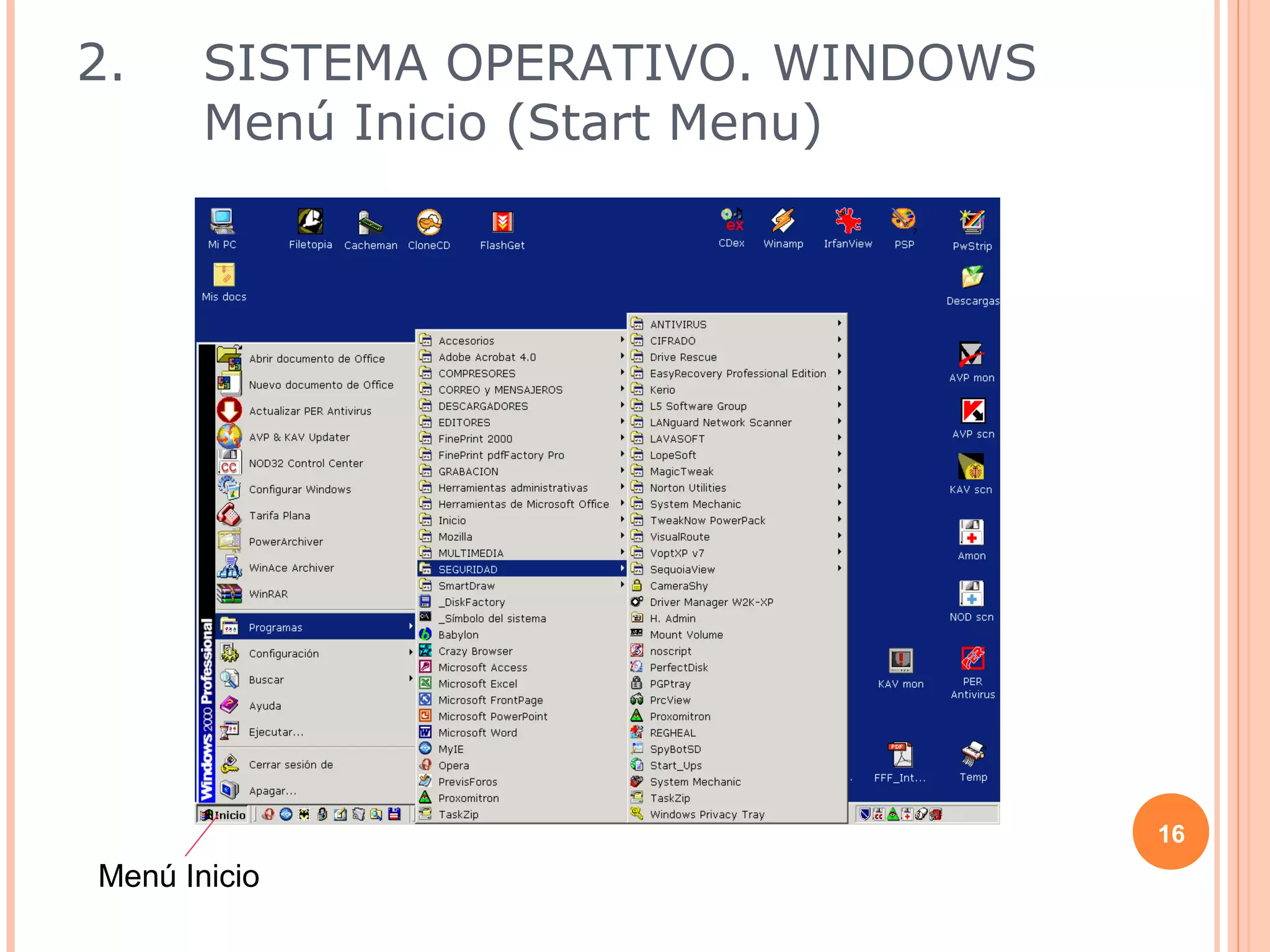 2.     SISTEMA OPERATIVO. WINDOWS
       Menú Inicio (Start Menu)




                                    16
Menú Inicio
 