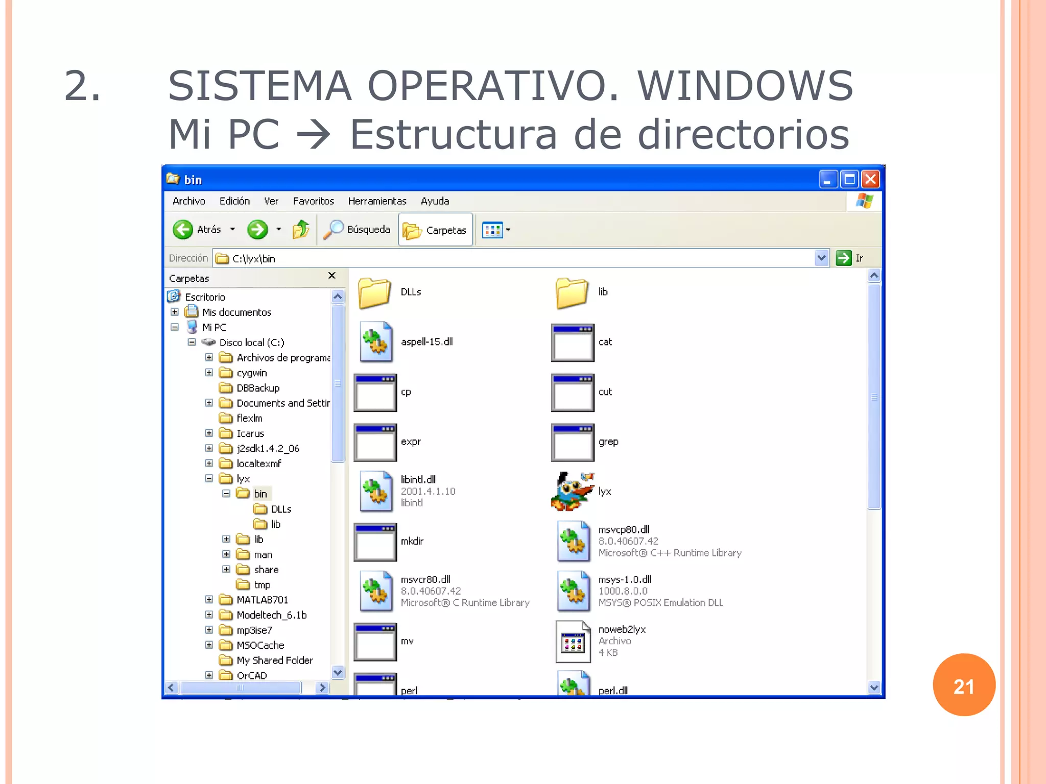 2.   SISTEMA OPERATIVO. WINDOWS
     Mi PC  Estructura de directorios




                                         21
 