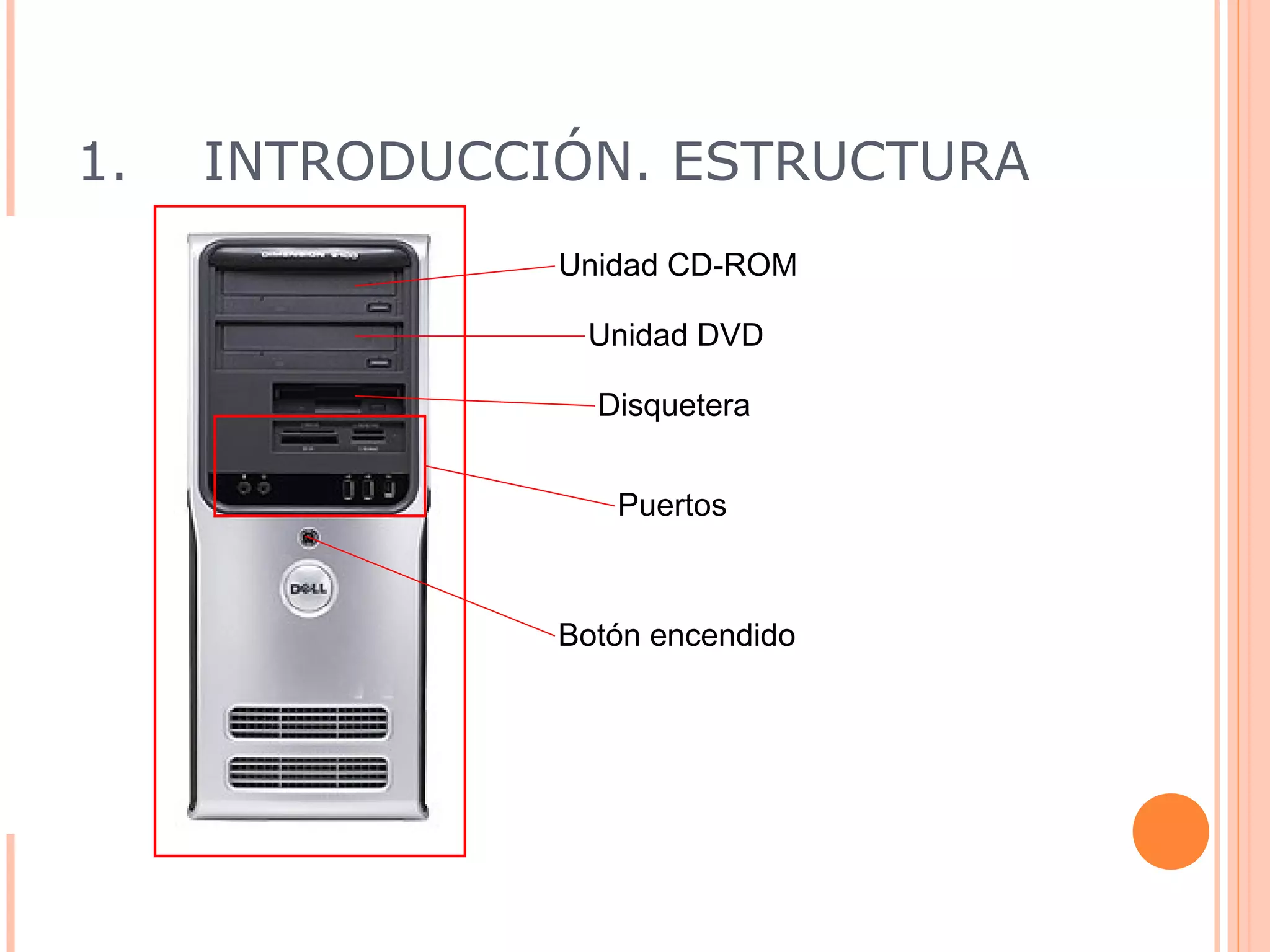 1.   INTRODUCCIÓN. ESTRUCTURA
               Unidad CD-ROM

                Unidad DVD

                 Disquetera


                  Puertos



               Botón encendido




                                 4
 
