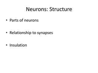 Neurons: Structure
• Parts of neurons
• Relationship to synapses
• Insulation
 