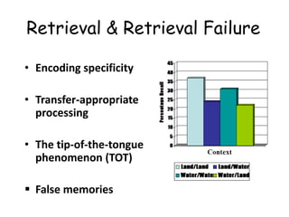 Retrieval & Retrieval Failure
• Encoding specificity
• Transfer-appropriate
processing
• The tip-of-the-tongue
phenomenon (TOT)
▪ False memories
 