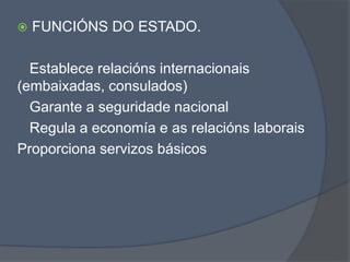  FUNCIÓNS DO ESTADO.
Establece relacións internacionais
(embaixadas, consulados)
Garante a seguridade nacional
Regula a economía e as relacións laborais
Proporciona servizos básicos
 