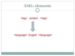XML: elements <language>  English  </language> <tag> </tag> content 