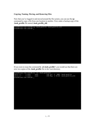 Copying, Naming, Moving, and Removing Files

Now that you’ve logged in and moved around the file system, you can use the cp
command to copy a file from one location to another. First, make a backup copy of the
.bash_profile file named .bash_profile_old.




If you were to issue the command ls –al .bash_profile*, you would see that there are
now two copies of the .bash_profile file in the /root directory.




                                         1 - 27
 