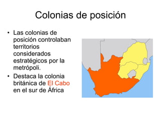 Colonias de posición Las colonias de posición controlaban territorios considerados estratégicos por la metrópoli. Destaca la colonia británica de  El Cabo  en el sur de África 