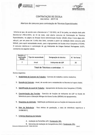 Contratação de Escola - Intérprete de Língua Gestual Portuguesa