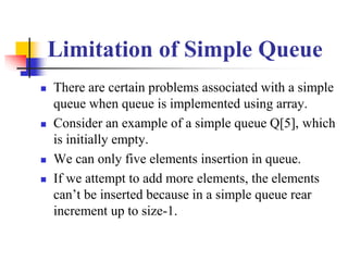 Limitation of Simple Queue
 There are certain problems associated with a simple
queue when queue is implemented using arr...