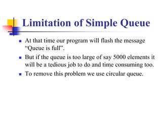 Limitation of Simple Queue
 At that time our program will flash the message
“Queue is full”.
 But if the queue is too la...