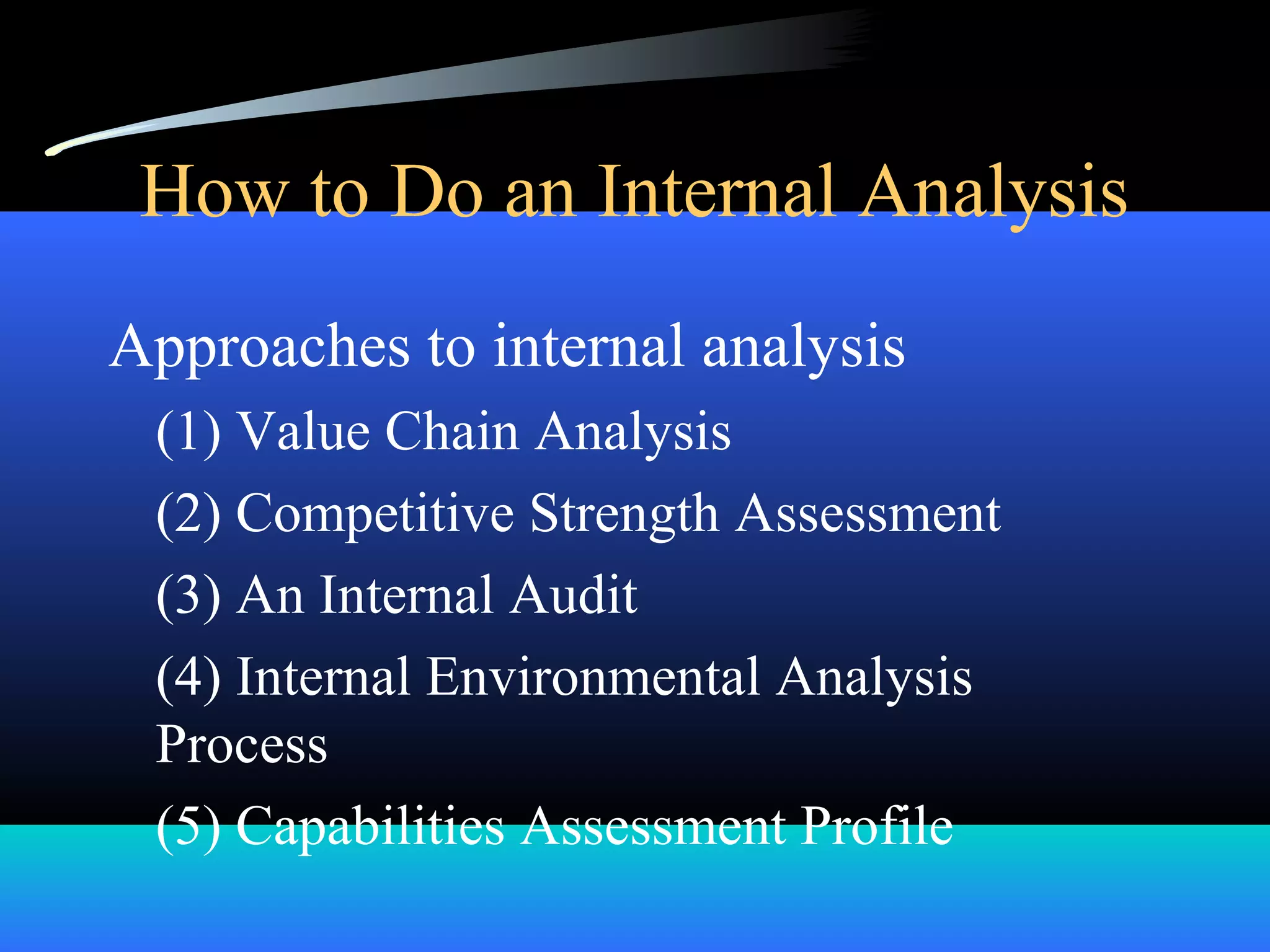 How to Do an Internal Analysis
Approaches to internal analysis
(1) Value Chain Analysis
(2) Competitive Strength Assessment
(3) An Internal Audit
(4) Internal Environmental Analysis
Process
(5) Capabilities Assessment Profile
 