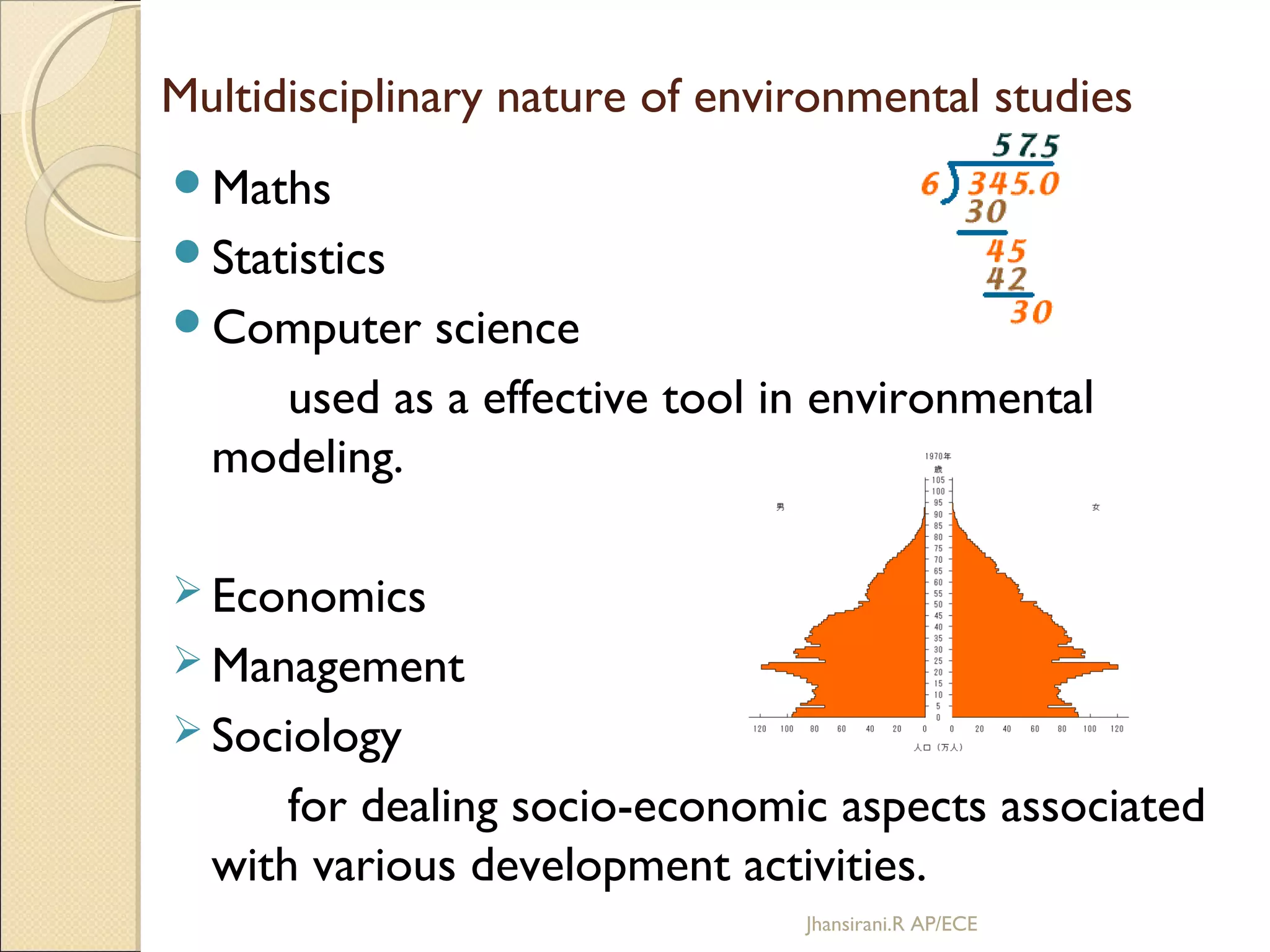 Multidisciplinary nature of environmental studies
Maths
Statistics
Computer science
used as a effective tool in environmental
modeling.
 Economics
 Management
 Sociology
for dealing socio-economic aspects associated
with various development activities.
Jhansirani.R AP/ECE
 