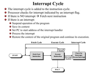 Interrupt Cycle
The interrupt cycle is added to the instruction cycle.
Processor checks for interrupt indicated by an interrupt flag.
If there is NO interrupt  Fetch next instruction
If there is an interrupt:
Suspend operation of the program
Save its context
Set PC to start address of the interrupt handler
Process the interrupt
Restore the context of the original program and continue its execution.
 