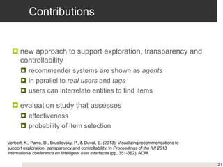 Contributions
 new approach to support exploration, transparency and
controllability
 recommender systems are shown as agents
 in parallel to real users and tags
 users can interrelate entities to find items
 evaluation study that assesses
 effectiveness
 probability of item selection
21
Verbert, K., Parra, D., Brusilovsky, P., & Duval, E. (2013). Visualizing recommendations to
support exploration, transparency and controllability. In Proceedings of the IUI 2013
international conference on Intelligent user interfaces (pp. 351-362). ACM.
 