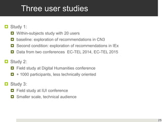 Three user studies
 Study 1:
 Within-subjects study with 20 users
 baseline: exploration of recommendations in CN3
 Second condition: exploration of recommendations in IEx
 Data from two conferences EC-TEL 2014, EC-TEL 2015
 Study 2:
 Field study at Digital Humanities conference
 + 1000 participants, less technically oriented
 Study 3:
 Field study at IUI conference
 Smaller scale, technical audience
25
 