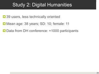 Study 2: Digital Humanities
28
39 users, less technically oriented
Mean age: 38 years; SD: 10; female: 11
Data from DH conference: +1000 participants
 