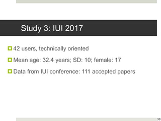 Study 3: IUI 2017
30
42 users, technically oriented
Mean age: 32.4 years; SD: 10; female: 17
Data from IUI conference: 111 accepted papers
 