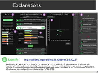 Explanations
35
http://bellows.experiments.cs.kuleuven.be:3002/
Millecamp, M., Htun, N. N., Conati, C., & Verbert, K. (2019, March). To explain or not to explain: the
effects of personal characteristics when explaining music recommendations. In Proceedings of the 2019
Conference on Intelligent User Interface (pp. 1-12). ACM.
 