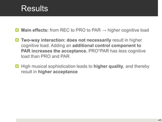 Results
 Main effects: from REC to PRO to PAR → higher cognitive load
 Two-way interaction: does not necessarily result in higher
cognitive load. Adding an additional control component to
PAR increases the acceptance. PRO*PAR has less cognitive
load than PRO and PAR
 High musical sophistication leads to higher quality, and thereby
result in higher acceptance
45
 