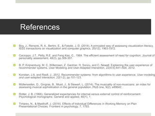 References
 Boy, J., Rensink, R. A., Bertini, E., & Fekete, J. D. (2014). A principled way of assessing visualization literacy.
IEEE transactions on visualization and computer graphics, 20(12), 1963-1972.
 Cacioppo, J.T., Petty, R.E. and Feng Kao, C., 1984. The efficient assessment of need for cognition. Journal of
personality assessment, 48(3), pp.306-307.
 B. P. Knijnenburg, M. C. Willemsen, Z. Gantner, H. Soncu, and C. Newell. Explaining the user experience of
recommender systems. User Modeling and User-Adapted Interaction, 22(4-5):441–504, 2012.
 Konstan, J.A. and Riedl, J., 2012. Recommender systems: from algorithms to user experience. User modeling
and user-adapted interaction, 22(1-2), pp.101-123.
 Müllensiefen, D., Gingras, B., Musil, J., & Stewart, L. (2014). The musicality of non-musicians: an index for
assessing musical sophistication in the general population. PloS one, 9(2), e89642.
 Rotter, J. B. (1966). Generalized expectancies for internal versus external control of reinforcement.
Psychological monographs: General and applied, 80(1), 1.
 Tintarev, N., & Masthoff, J. (2016). Effects of Individual Differences in Working Memory on Plan
Presentational Choices. Frontiers in psychology, 7, 1793.
 