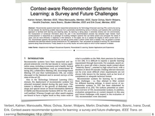 Verbert, Katrien; Manouselis, Nikos; Ochoa, Xavier; Wolpers, Martin; Drachsler, Hendrik; Bosnic, Ivana; Duval,
Erik. Context-aware recommender systems for learning: a survey and future challenges, IEEE Trans. on
Learning Technologies, 18 p. (2012) 6
 