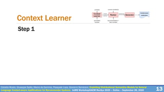 13
Context Learner
Cataldo Musto, Giuseppe Spillo, Marco de Gemmis, Pasquale Lops, Giovanni Semeraro. Exploiting Distributional Semantics Models for Natural
Language Context-aware Justifications for Recommender Systems. IntRS Workshop@ACM RecSys 2020 – Online – September 26, 2020
Step 1
 