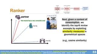 Cataldo Musto, Giuseppe Spillo, Marco de Gemmis, Pasquale Lops, Giovanni Semeraro. Exploiting Distributional Semantics Models for Natural
Language Context-aware Justifications for Recommender Systems. IntRS Workshop@ACM RecSys 2020 – Online – September 26, 2020 33
Ranker
Next, given a context of
consumption, we
identify the top-K review
excerpts by exploiting
similarity measures in
geometrical spaces
(e.g., cosine similarity)friends
family
partner
‘the movie has a very romantic end’
 