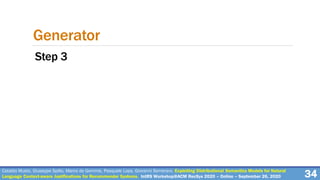 34
Generator
Cataldo Musto, Giuseppe Spillo, Marco de Gemmis, Pasquale Lops, Giovanni Semeraro. Exploiting Distributional Semantics Models for Natural
Language Context-aware Justifications for Recommender Systems. IntRS Workshop@ACM RecSys 2020 – Online – September 26, 2020
Step 3
 
