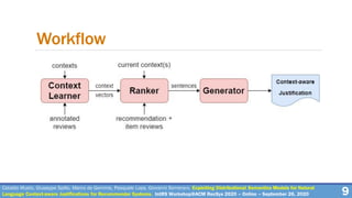9
Workflow
Cataldo Musto, Giuseppe Spillo, Marco de Gemmis, Pasquale Lops, Giovanni Semeraro. Exploiting Distributional Semantics Models for Natural
Language Context-aware Justifications for Recommender Systems. IntRS Workshop@ACM RecSys 2020 – Online – September 26, 2020
 