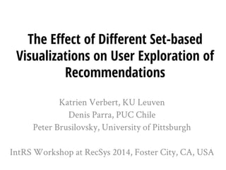 The Effect of Different Set-based Visualizations on User Exploration of Recommendations 
KatrienVerbert, KU Leuven 
Denis Parra, PUC Chile 
Peter Brusilovsky, University of Pittsburgh 
IntRSWorkshop at RecSys2014, Foster City, CA, USA  