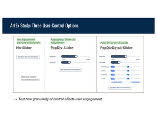 ArtEx Study: Three User-Control Options
→ Test how granularity of control affects user engagement
Ratings-based
recommendations
 